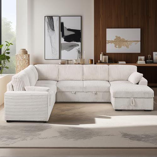 L-Shaped Pull Out Sleep Sofabed with Storage Chaise, Chenille Upholstered X30892