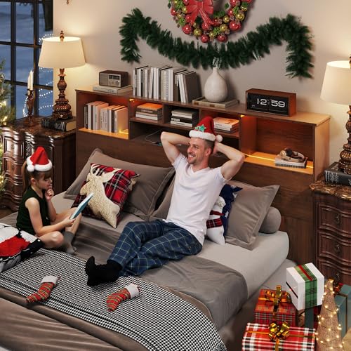 King Size Bed Headboard with LED Light and Storage Bookcase H72493