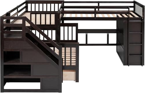 MERITLINE Twin Over Full Triple Bunk Bed with Storage Stairs, Solid Wood, Grey R998