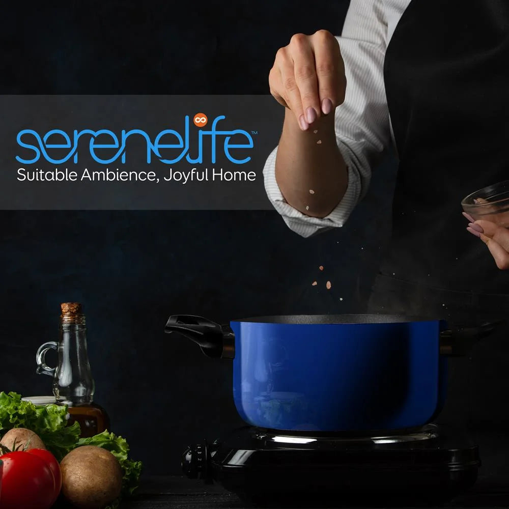 SereneLife 15 Piece Non Stick Cookware Set, Blue I652588