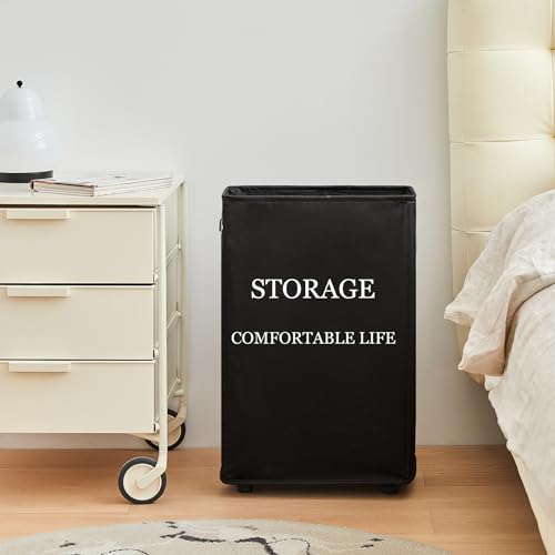 25" Slim Rolling Laundry Basket with Wheels, 50L Collapsible Hamper, Beige W879