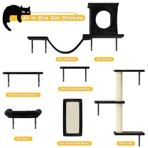 NUNU LAB Wall Mounted Cat Climber Set with House, Tunnel, Scratcher, Black M305