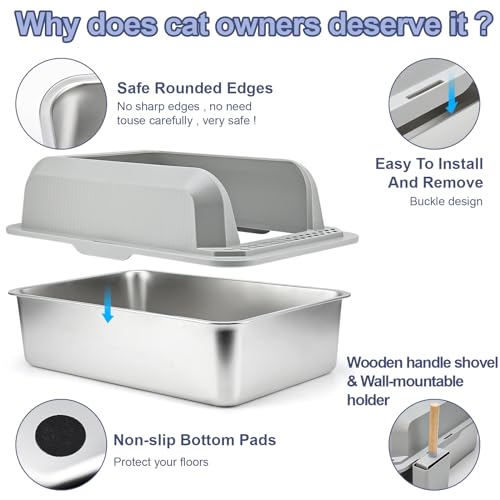 Stainless Steel Cat Litter Box with High Sides, 20L, Includes Shovel C315028