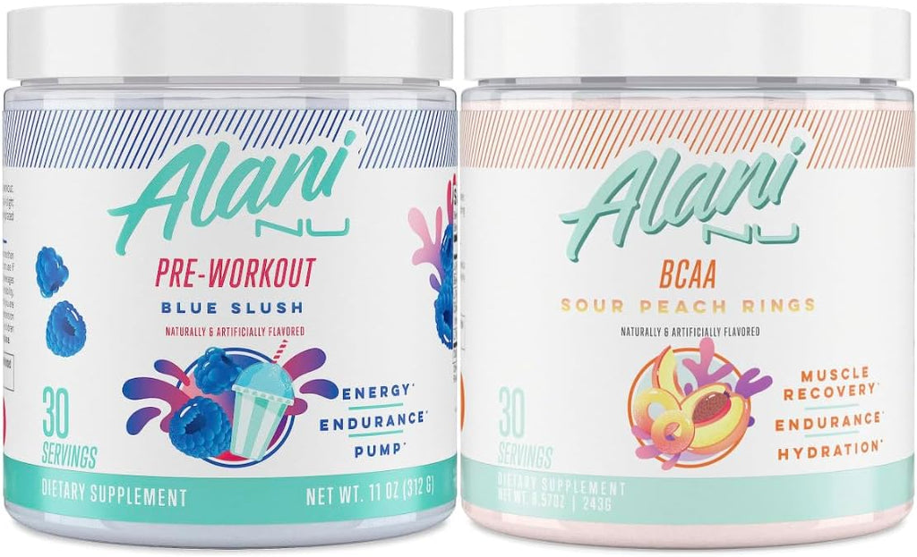 Alani Nu Blue Slush Pre Workout and BCAA Sour Peach Rings Post Workout Powder Bundle | L-Theanine, Beta-Alanine, Citrulline | Branch Chain Essential Amino Acids | 30 Servings Per Container