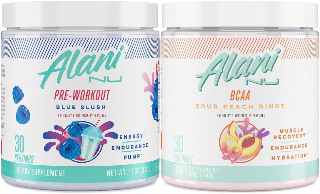 Alani Nu Blue Slush Pre Workout and BCAA Sour Peach Rings Post Workout Powder Bundle | L-Theanine, Beta-Alanine, Citrulline | Branch Chain Essential Amino Acids | 30 Servings Per Container