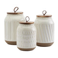 Tabletops Gallery 3 Piece Embossed White Stoneware Canister Set with Wood Lids