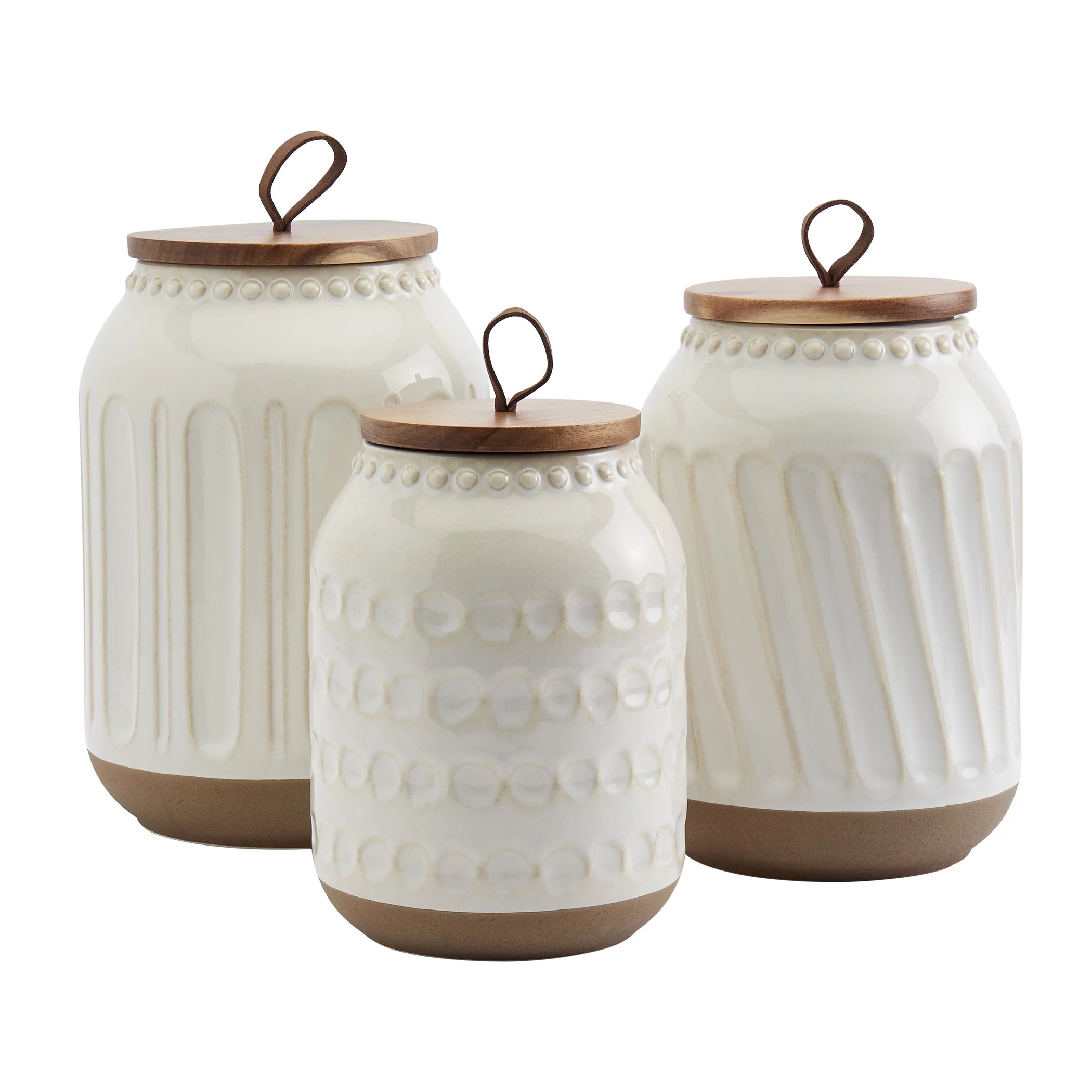 Tabletops Gallery 3 Piece Embossed White Stoneware Canister Set with Wood Lids