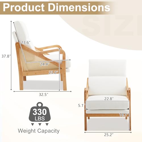 Karl home Modern Accent Chair with Rattan Woven Upholstered Lounge and Oak Wood Frame, White W3310