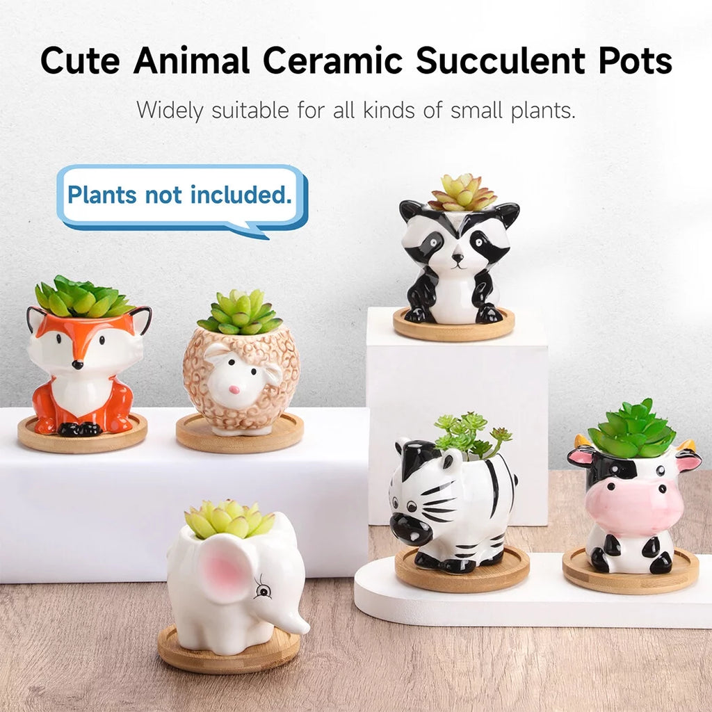 6Pcs Ceramic Succulent Pots with Drainage, Cute Animal Planters for Indoor Decor E166