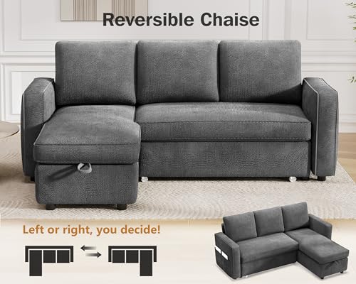 81" L Shaped Sleeper Sofa Bed with Pull Out Chaise, Chenille Grey L3419