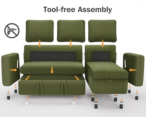 81" L Shaped Sleeper Sofa Bed with Pull Out Bed, Corduroy Green V7995