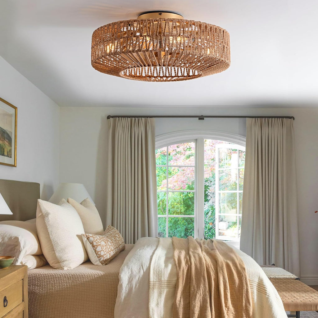 20" Boho Caged Rattan Ceiling Fan with Lights and Remote Control H849