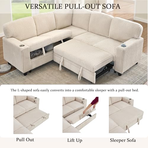 L-Shaped Pull Out Sleep Sofabed with Storage Chaise, Chenille Upholstered X30892