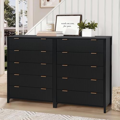 Fluted 5 Drawers Dresser for Bedroom, Wooden Tall Storage, Walnut L1075