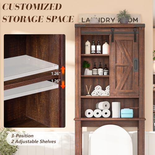 Farmhouse Over The Toilet Storage Cabinet 68" Tall with Sliding Barn Door, Rustic Oak & White E269
