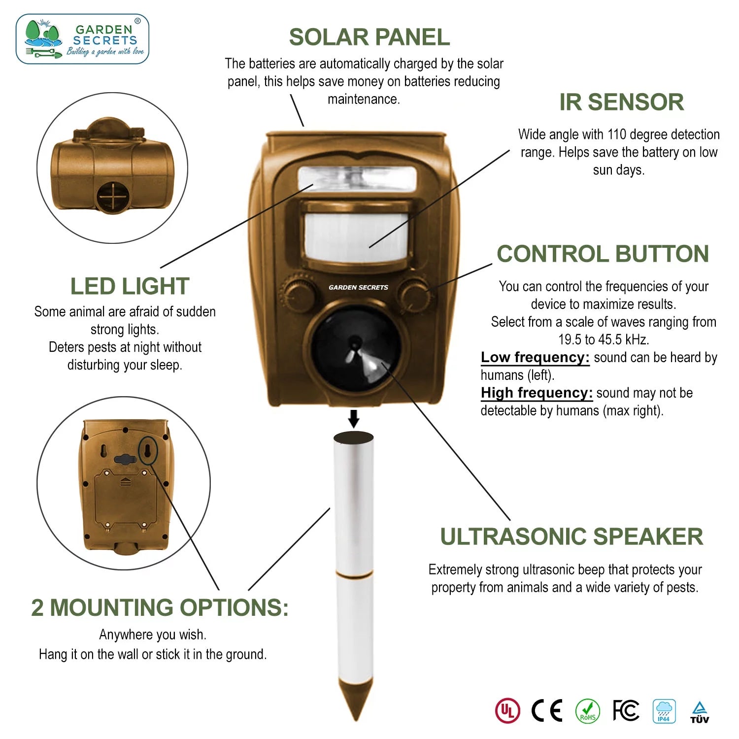 GARDEN SECRETS® Compact Solar Ultrasonic Animal Repellent M97580