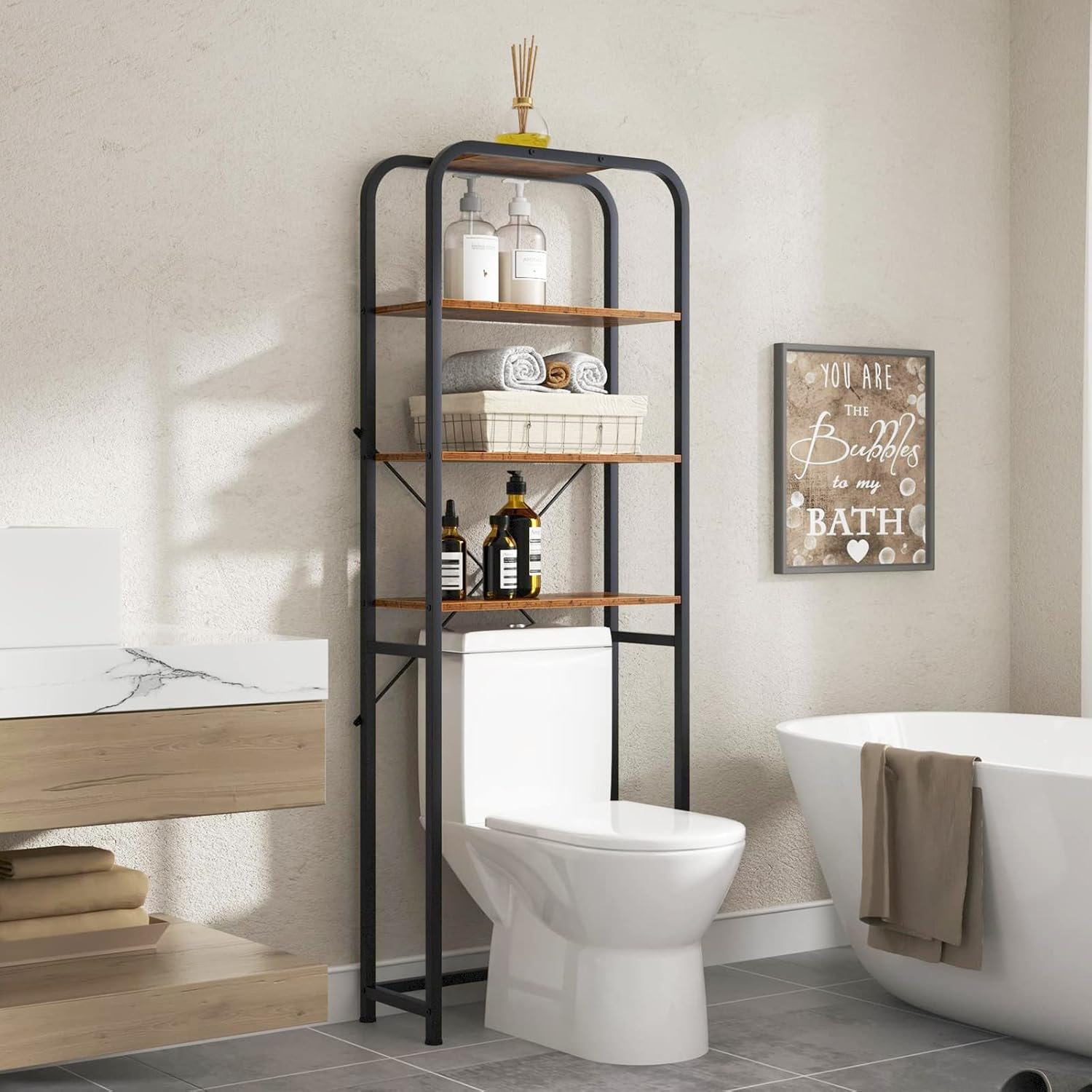 SogesPower 4-Tier Over The Toilet Storage Rack 68 inch Freestanding Bathroom Shelf, Brown I7615