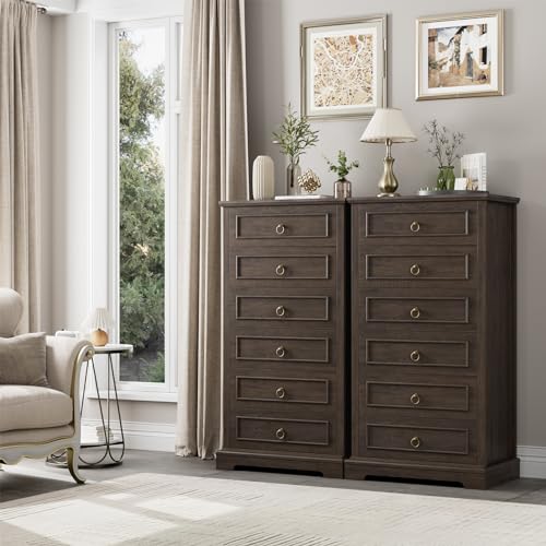 HOSTACK 6 Drawer Dresser for Bedroom, Tall Modern Farmhouse Chest, Dark Brown H747285