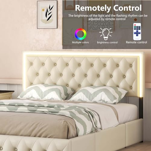 Queen Size Upholstered Bed Frame with 4 Storage Drawers, LED Light, No Box Spring Needed W7079