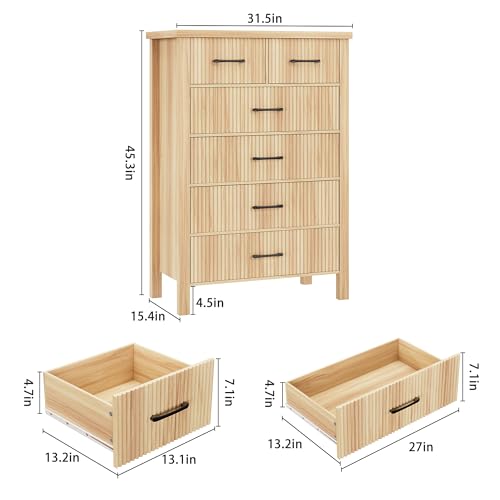 Fluted 6 Drawers Dresser for Bedroom, Tall Boho Chest with Metal Handle, Natural Oak S427