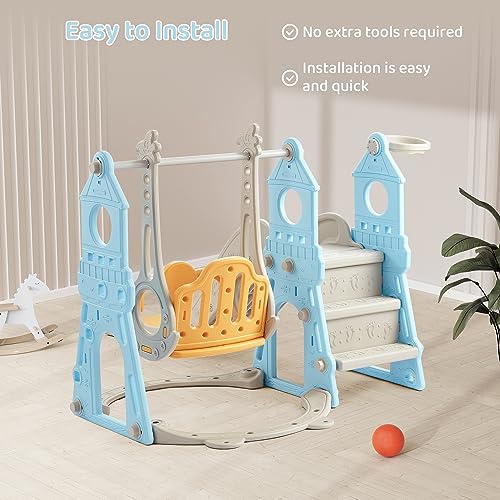 4-in-1 Toddler Slide and Swing Set with Basketball Hoop & Climber, Indoor/Outdoor Playset - Blue & Yellow J14810