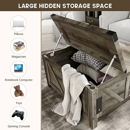 Farmhouse Lift Top Coffee Table with Storage and Charging Station, Brown J61149