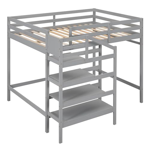 Harper & Bright Designs Full Loft Bed with Staircase and Storage Wardrobe, Gray G6357