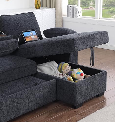 L-Shaped Pull Out Sleep Sofabed with Storage Chaise, Chenille Upholstered X30892