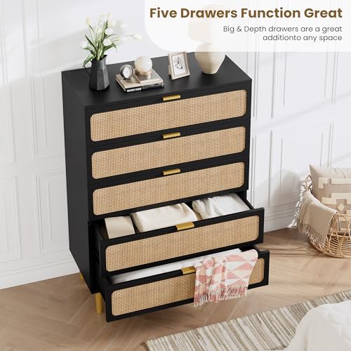Rattan 5 Drawer Tall Dresser for Bedroom, Black V99880