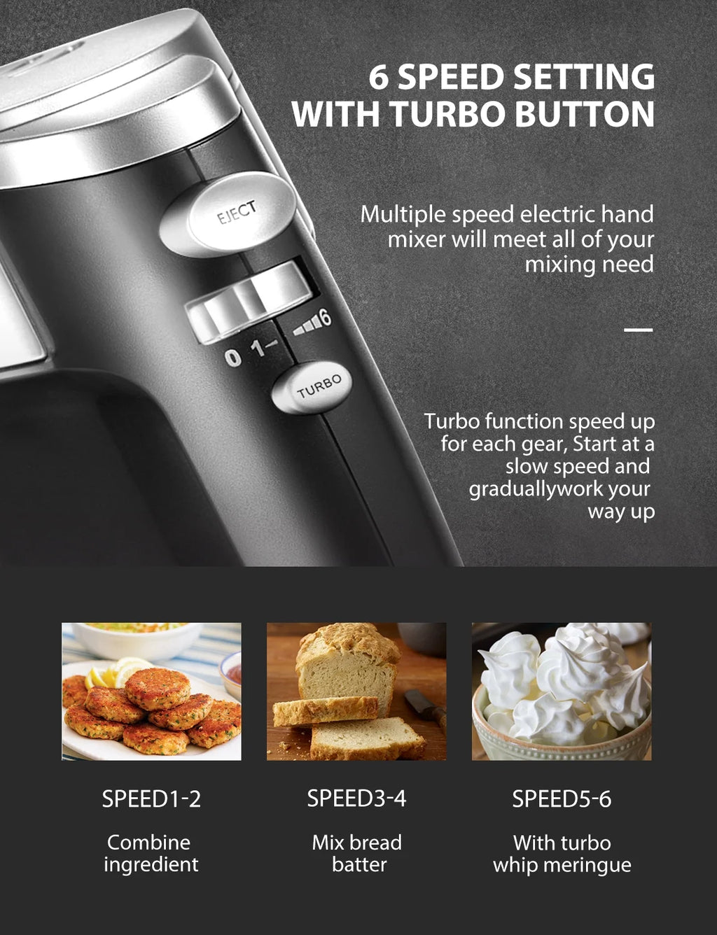 FOHERE 6 Speed Hand Mixer with Turbo Boost, Silver K903000