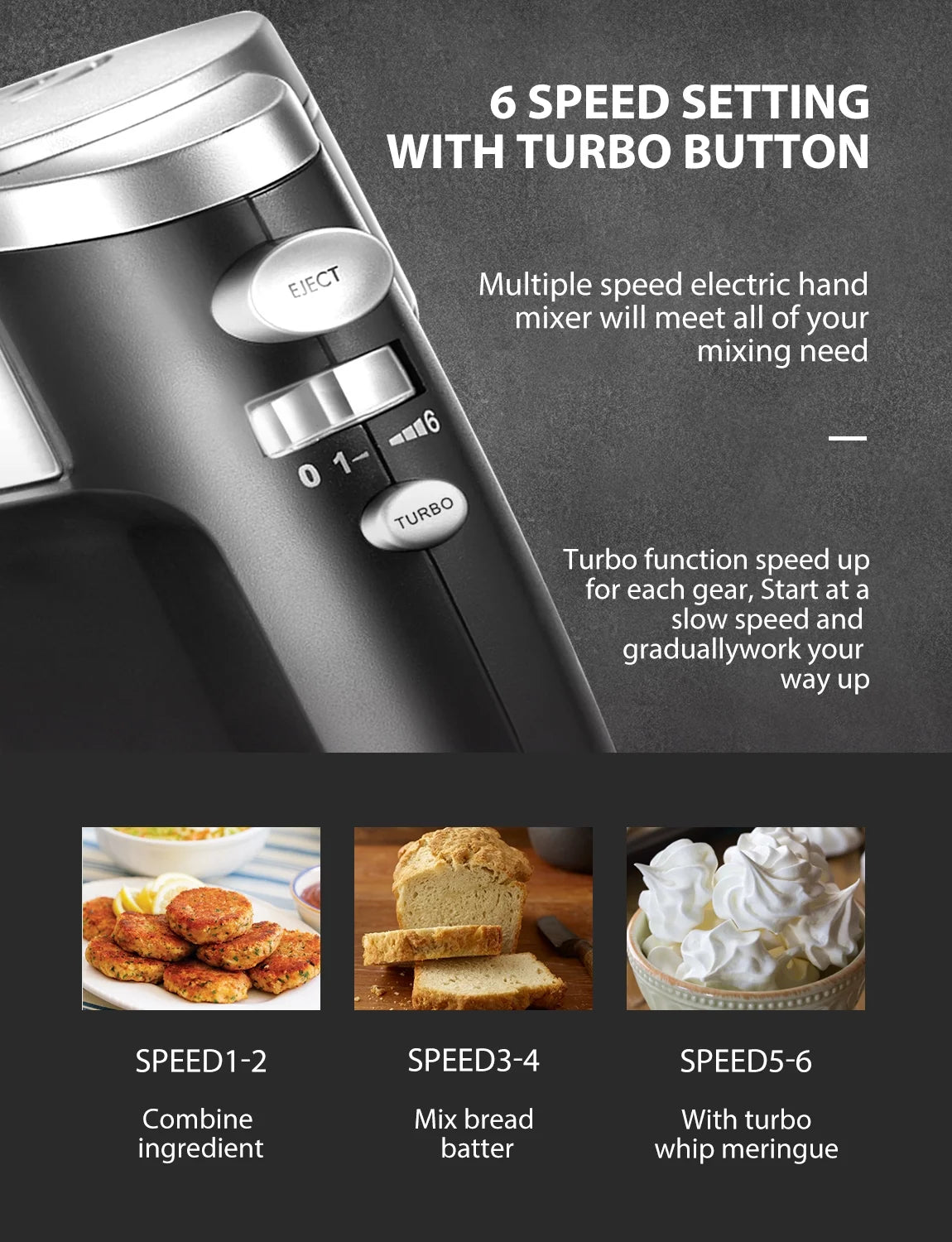 FOHERE 6 Speed Hand Mixer with Turbo Boost, Silver K903000