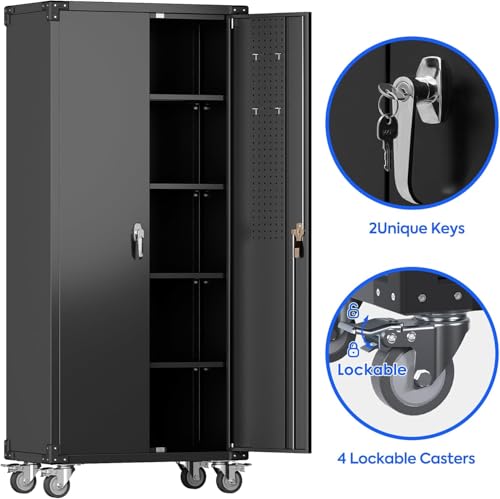 Aobabo 73''H Metal Garage Storage Cabinet with Wheels, Black S572804