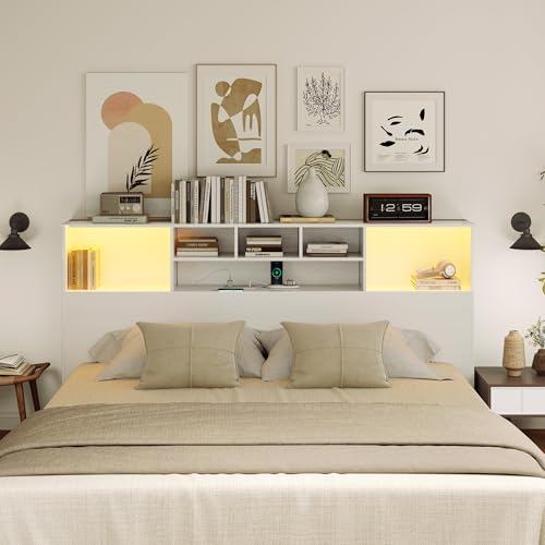 King Size Bed Headboard with LED Light and Storage Bookcase H72493