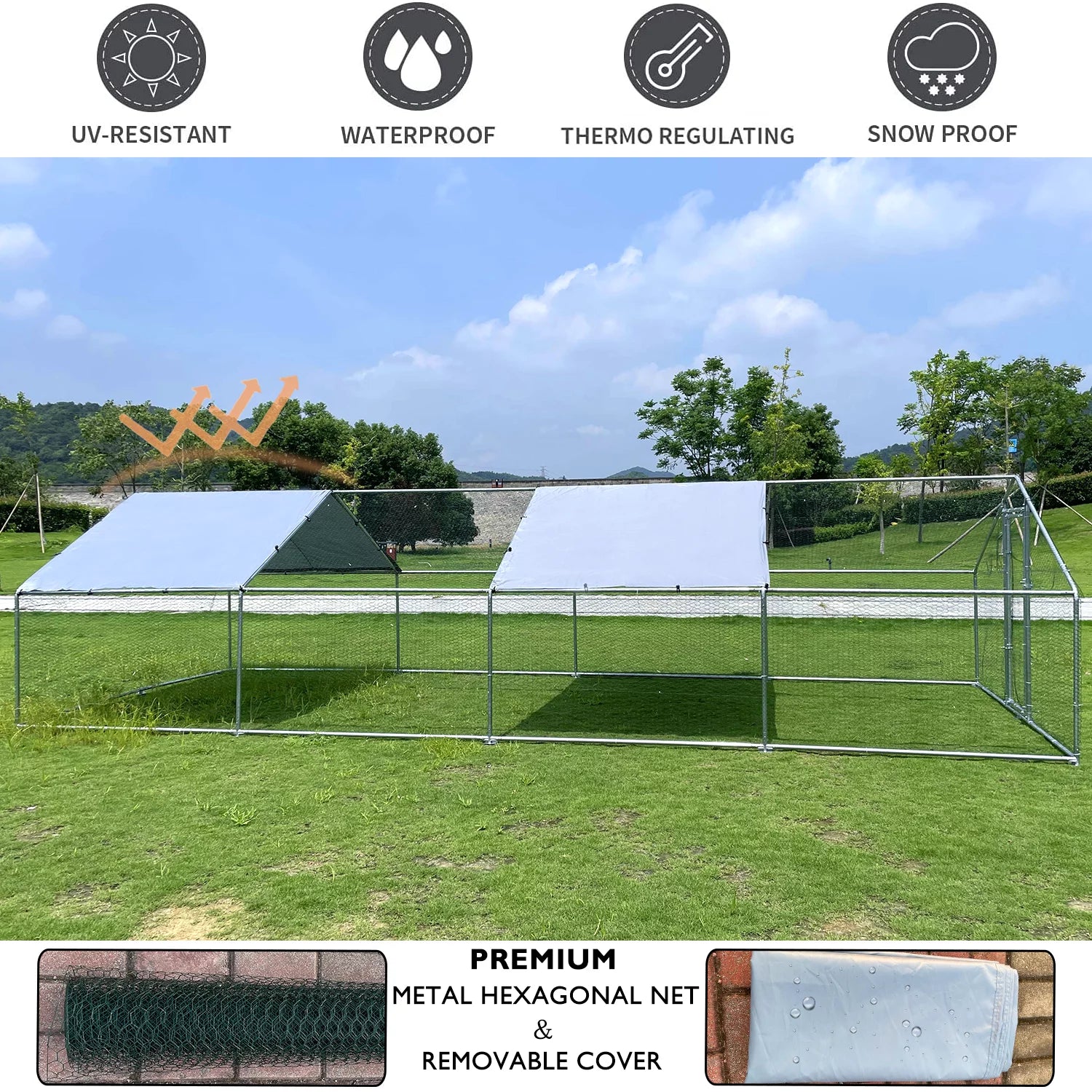 Geeloon Large Chicken Run Coop 10x26ft Metal Walk-in Poultry Cage with Cover P6510