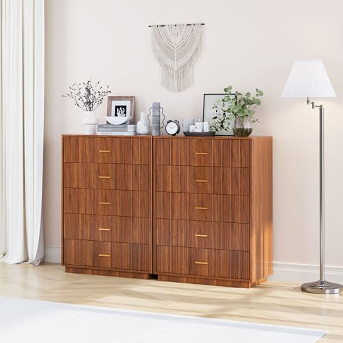 Fluted 5 Drawers Dresser for Bedroom, Wooden Tall Storage, Walnut L1075