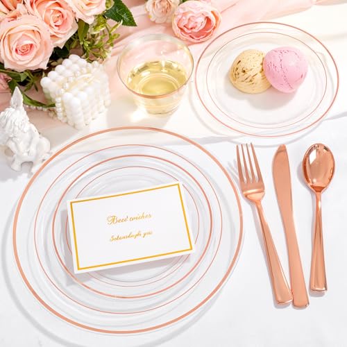 bUCLA 300PCS Gold Disposable Dinnerware Set - White and Gold Plastic Plates for Party S185