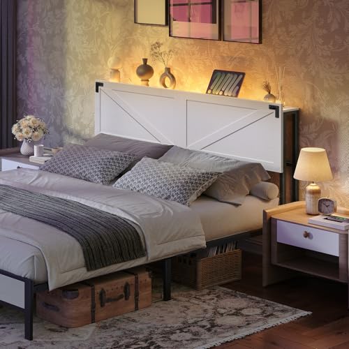 Queen Size Headboard with 2 Outlets and 4 USB Ports, LED Lights, White and Black H382