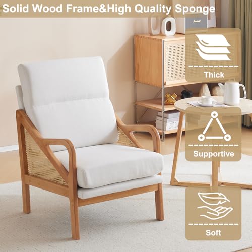 Karl home Modern Accent Chair with Rattan Woven Upholstered Lounge and Oak Wood Frame, White W3310