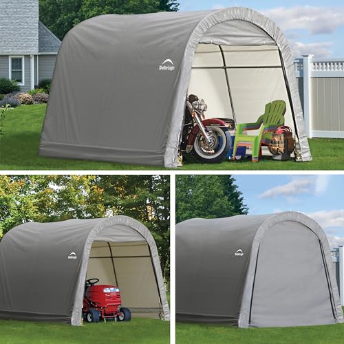 ShelterLogic 10 x 10 Shed-in-a-Box All Season Steel Round Roof Outdoor Storage Shed with Waterproof Cover, Grey S288