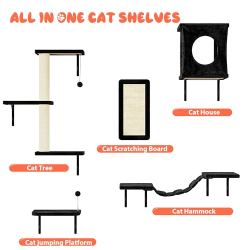 NUNU LAB Wall Mounted Cat Climber Set with House, Tunnel, Scratcher, Black M305