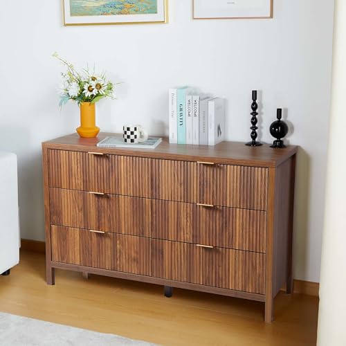 Fluted 5 Drawers Dresser for Bedroom, Wooden Tall Storage, Walnut L1075