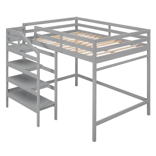 Harper & Bright Designs Full Loft Bed with Staircase and Storage Wardrobe, Gray G6357