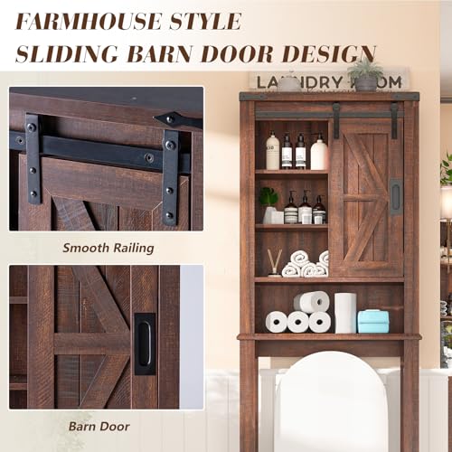 Farmhouse Over The Toilet Storage Cabinet 68" Tall with Sliding Barn Door, Rustic Oak & White E269