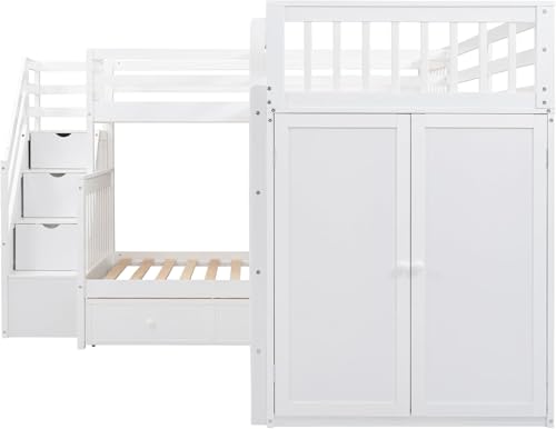 MERITLINE Twin Over Full Triple Bunk Bed with Storage Stairs, Solid Wood, Grey R998