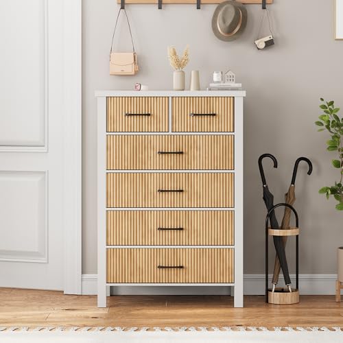 Fluted 6 Drawers Dresser for Bedroom, Tall Boho Chest with Metal Handle, Natural Oak S427