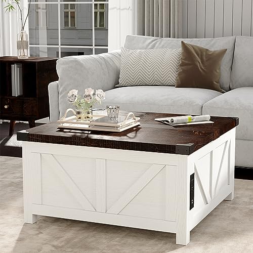 Farmhouse Lift Top Coffee Table with Storage and Charging Station, Brown J61149
