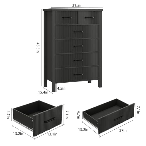 Fluted 6 Drawers Dresser for Bedroom, Tall Boho Chest with Metal Handle, Natural Oak S427