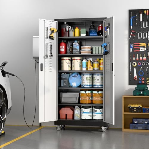 Aobabo 73''H Metal Garage Storage Cabinet with Wheels, Black S572804