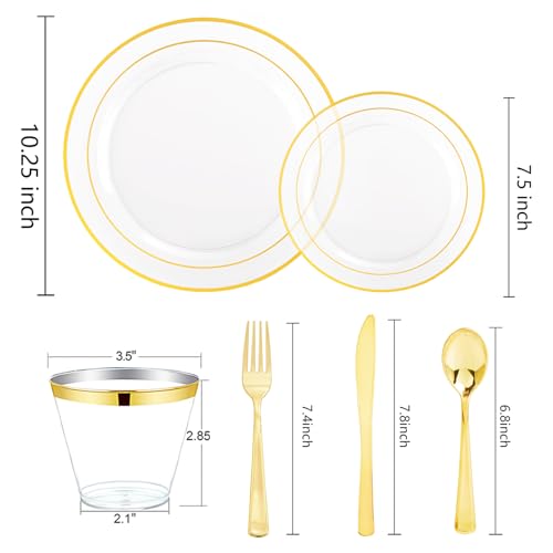 bUCLA 300PCS Gold Disposable Dinnerware Set - White and Gold Plastic Plates for Party S185