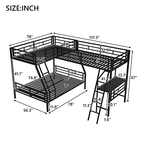 SOFTSEA Heavy Duty Metal Triple Bunk Bed with Desk, Twin Over Full, Black U92410